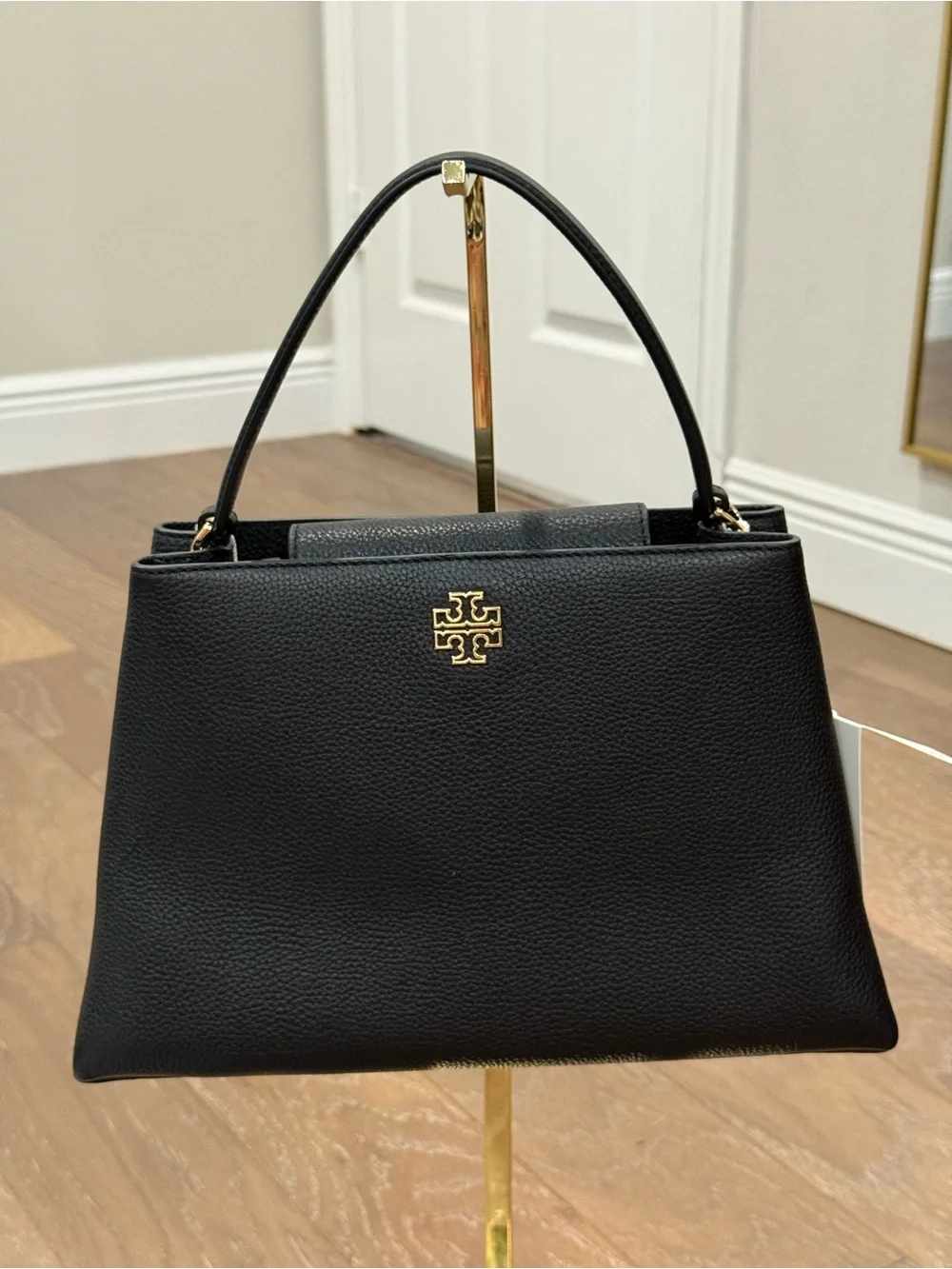 Tory Burch Black Pebbled Leather Top-Handle Satchel with Gold Logo crossbody